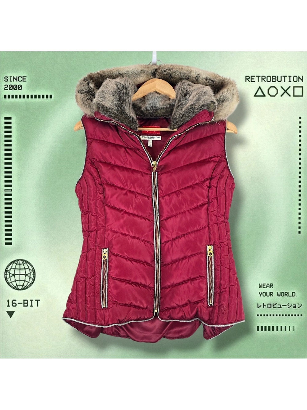 Y2K Fur Trim Hooded Puffer Vest Jacket Red Fits M